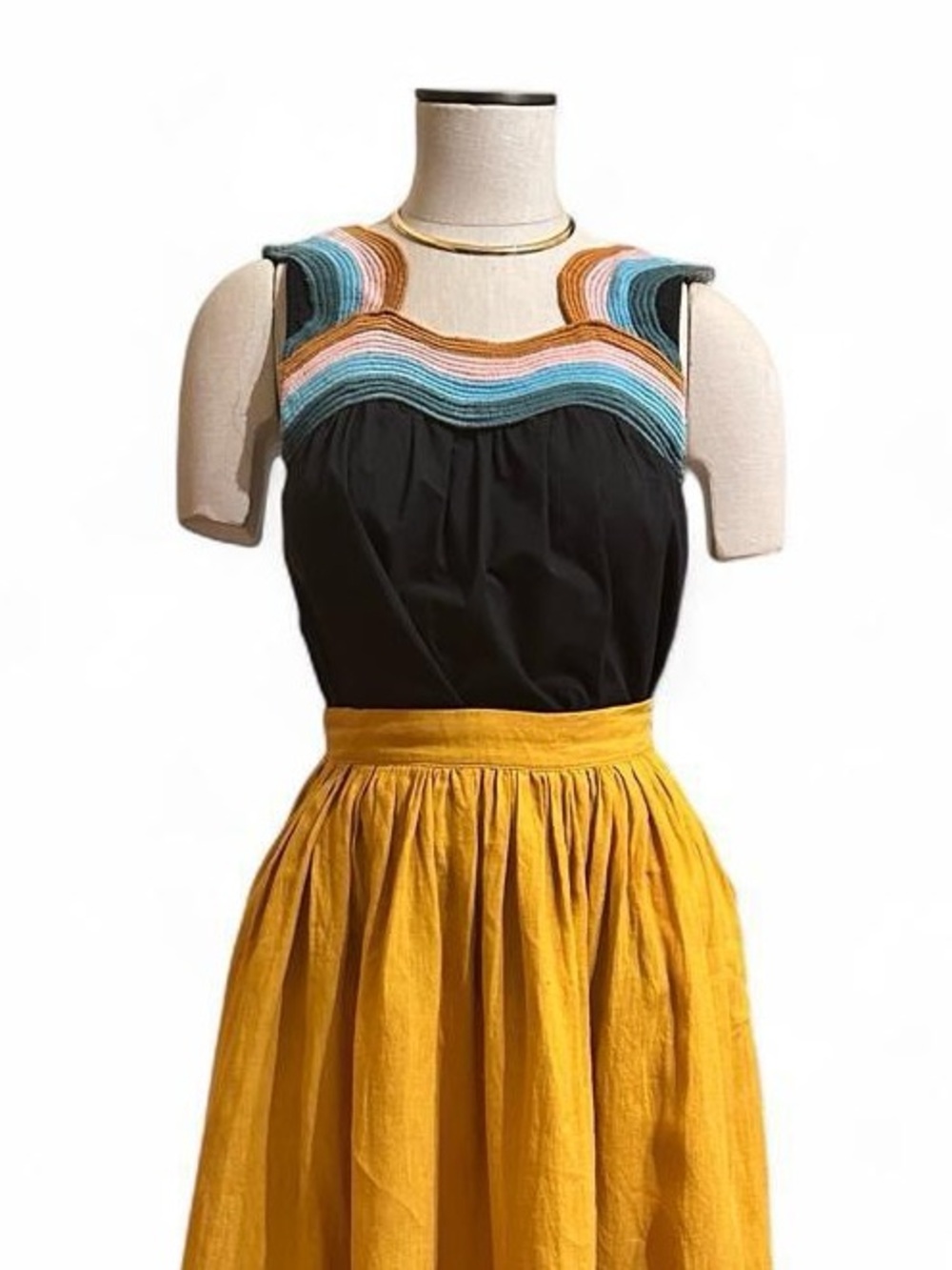 Corey Lynn Calter Embroidered Black Cotton Top with Wave Design